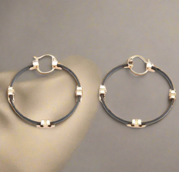 Tory Burch Gold Black Serif T & Leather Hoop Earrings