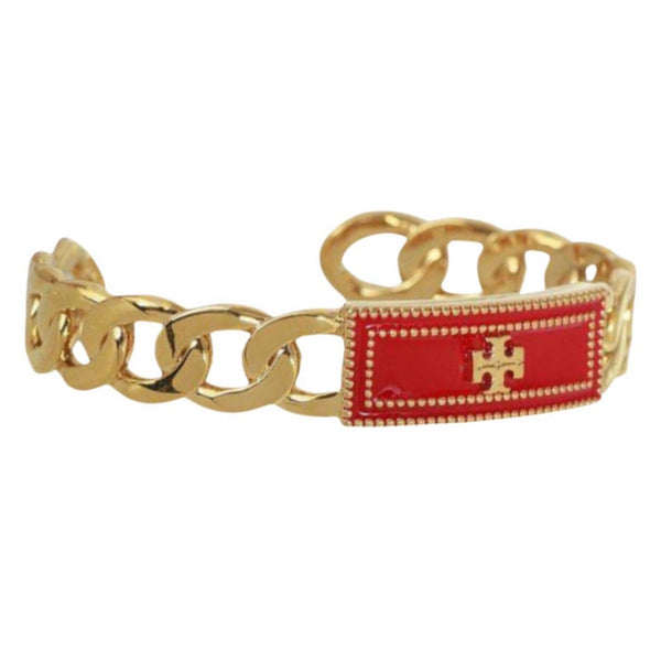 Tory Burch Milgrain Logo Chain Cuff Bracelet in Gold And Red