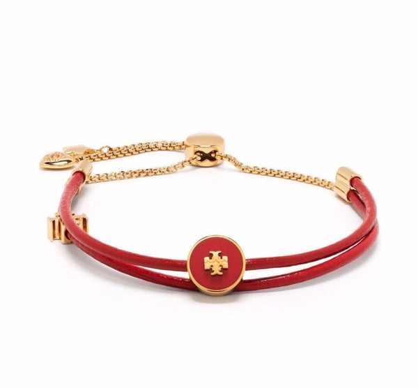 Tory Burch Kira 18K Gold Plated Leather & Enamel Logo Red Bracelet