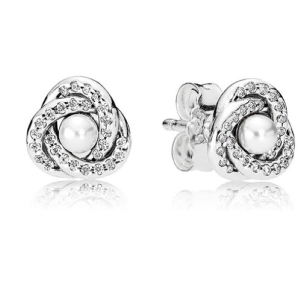 Pandora Luminous Love Knot Stud Earrings Sterling Silver with White Crystal Pearl and Clear Zirconia