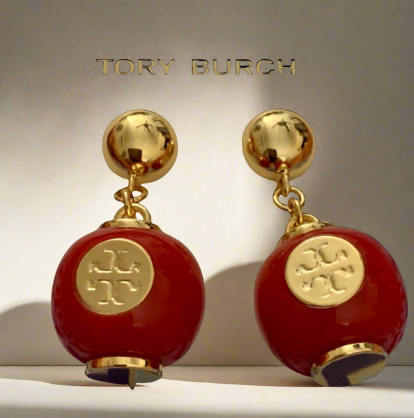 Tory Burch Gold And Red Enamel Logo Drop Earrings