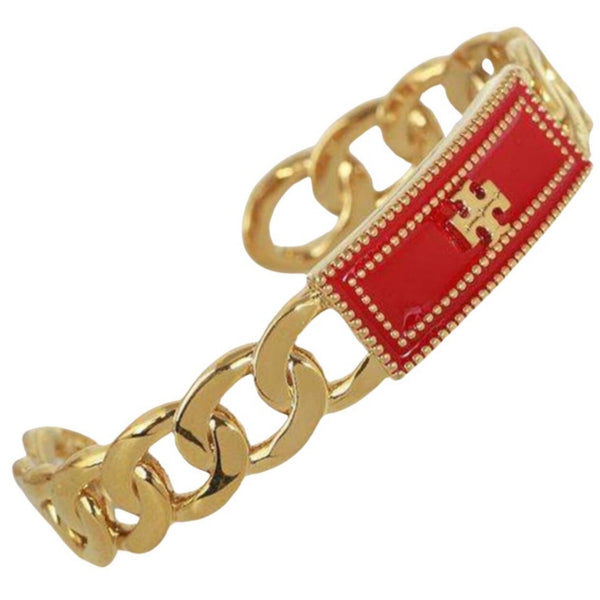 Tory Burch Milgrain Logo Chain Cuff Bracelet in Gold And Red