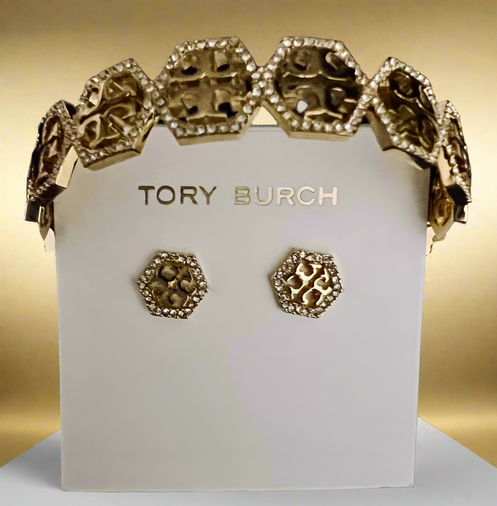 Tory Burch Hexagon Pave Frozen Logo Cuff Bracelet and Stud Earrings Gold Tone with Pavè Crystals
