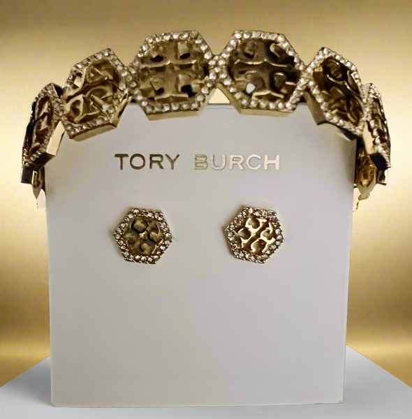 Tory Burch Hexagon Pave Frozen Logo Cuff Bracelet and Stud Earrings Gold Tone with Pavè Crystals
