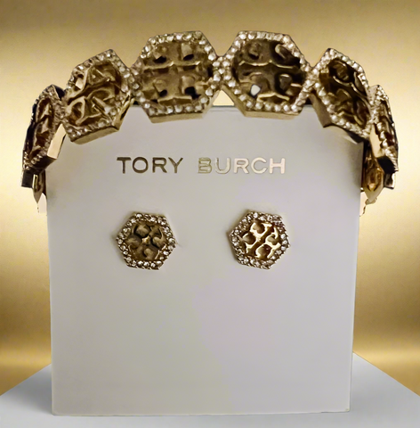 Tory Burch Hexagon Pave Frozen Logo Cuff Bracelet and Stud Earrings Gold Tone with Pavè Crystals