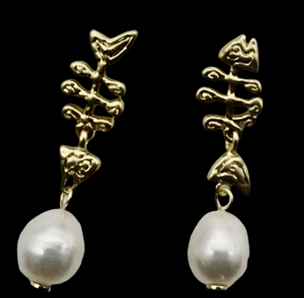 Tory Burch Golden Fish Bone with Mermaid Tails & Freshwater Pearl Earrings