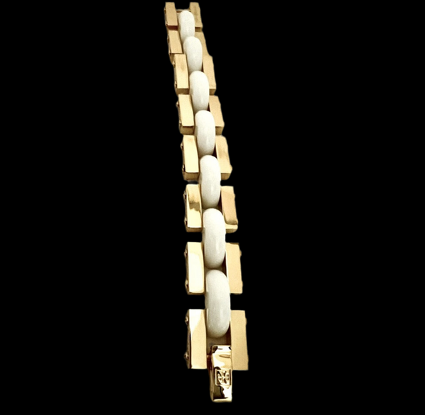 Tory Burch Chunky Bold Statement Polished Gold Chain Bracelet & Ivory Enamel Inlays