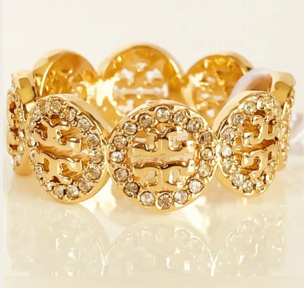 Tory Burch Gold And Crystal Embellished Monogram Ring With Swarovski Pave Size 6