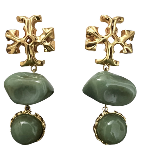 Tory Burch Roxanne Double Drop Earrings Gold Brass Green Azure