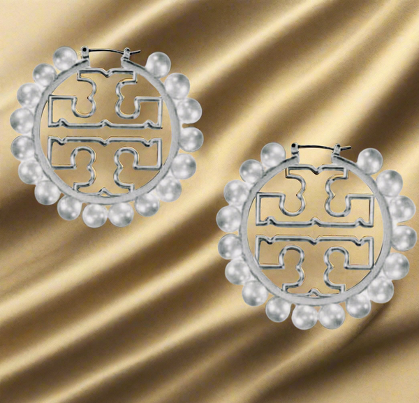 Tory Burch Silver Miller Wire Hoop Pearl Logo Earrings