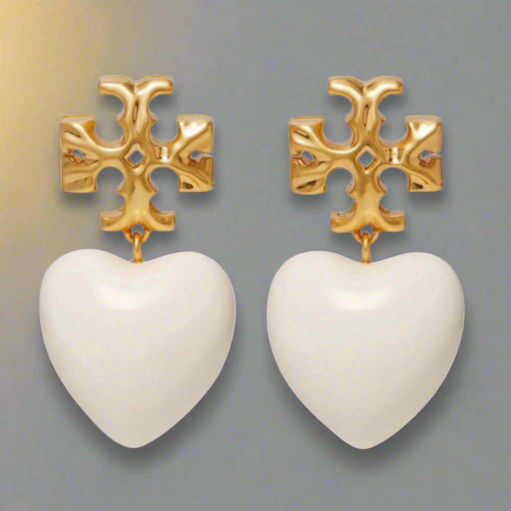 Tory Burch Roxanne Gold Tone And Resin Heart Drop Earrings In Ivory White