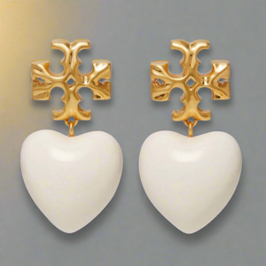 Tory Burch Roxanne Gold Tone And Resin Heart Drop Earrings In Ivory White