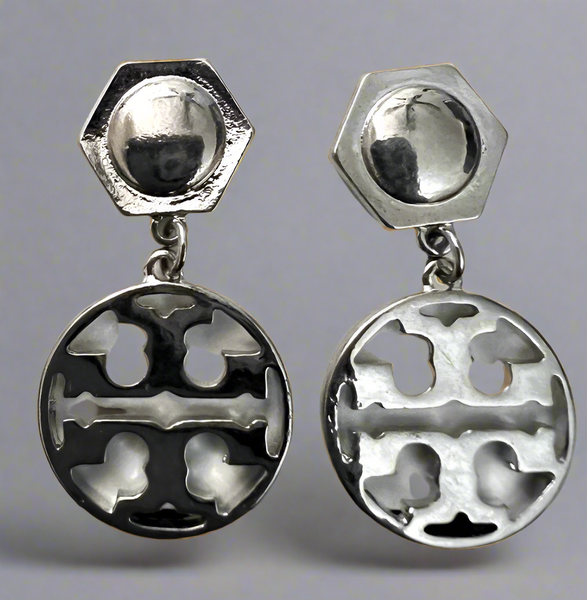 Tory Burch Silver Hexagon Logo Circle Drop Earrings