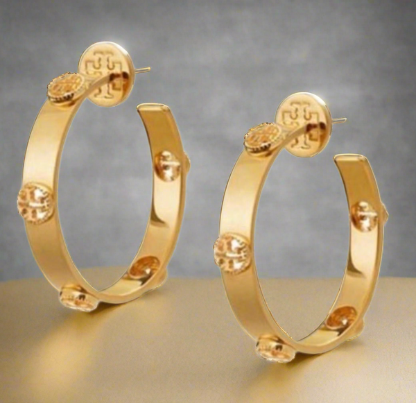 Tory Burch Milgrain Gold Logo Hoop Earrings