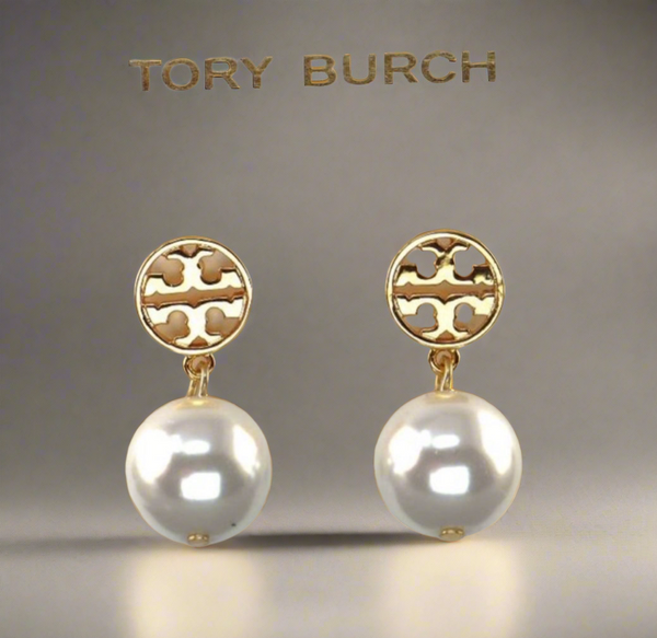 Tory Burch Logo Pearl Drop Earrings