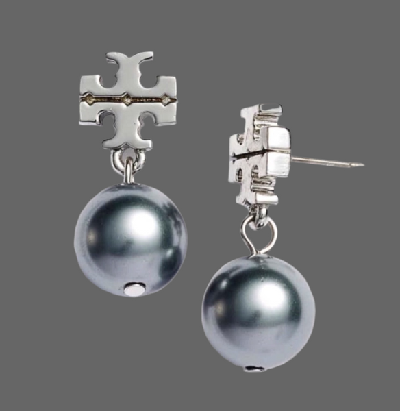 Tory Burch Logo Classic Silver Gray Pearl Drop Logo Earrings