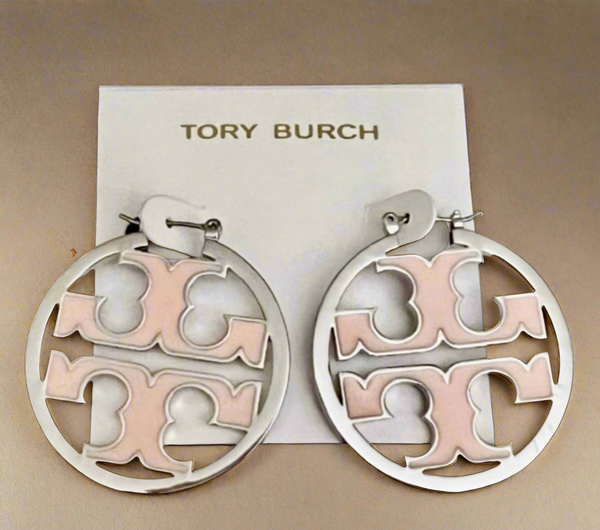 Tory Burch Miller Shiny Silver And Pink Enamel Inlay Hoop Earrings