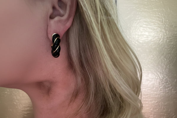 Tory Burch Black and Gold Textured Rope Hoop Earrings