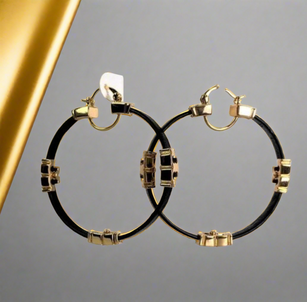 Tory Burch Gold Black Serif T & Leather Hoop Earrings