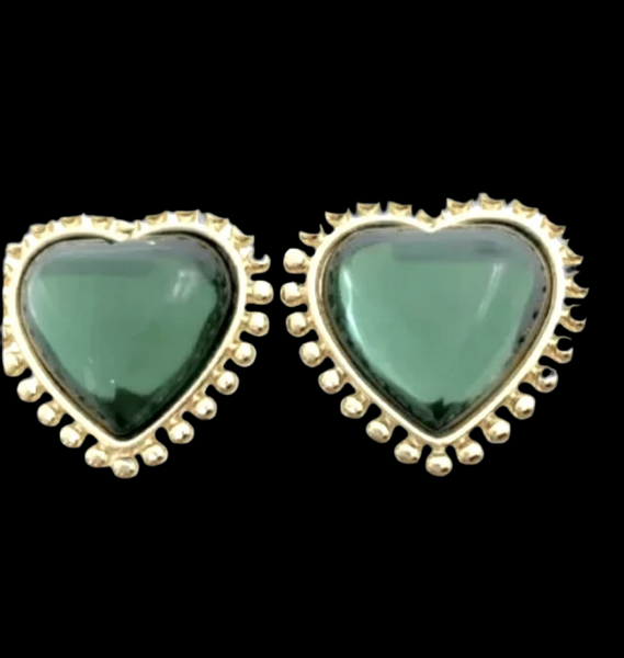 Tory Burch Gold And Green Heart with Mingrain Detailing Large Clip On Stud Earrings