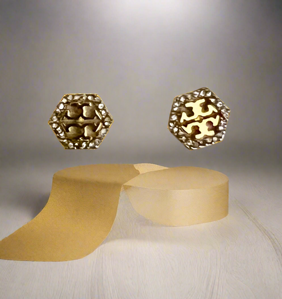 Tory Burch Hexagon Pave Frozen Logo Cuff Bracelet and Stud Earrings Gold Tone with Pavè Crystals