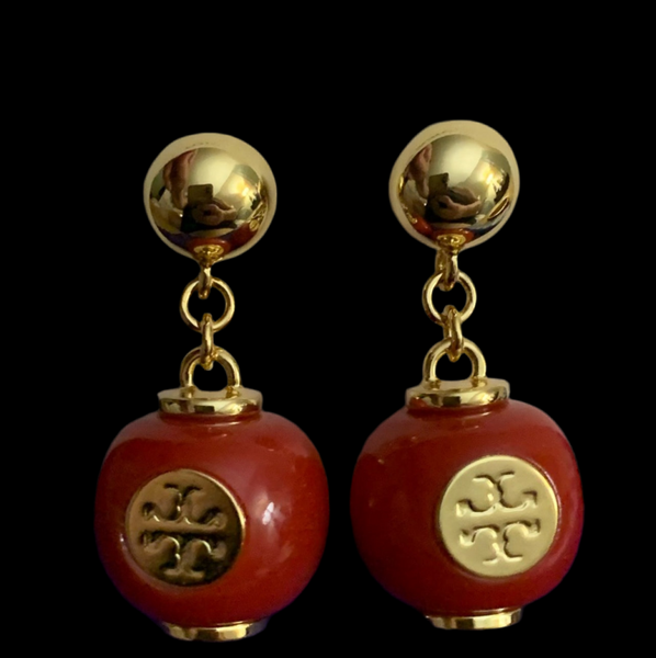 Tory Burch Gold And Red Enamel Logo Drop Earrings