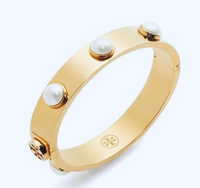 Tory Burch Metallic Pearl & Metal Logo Stud Swarovski Crystal Pearls Cuff Bracelet