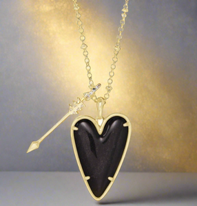 Kendra Scott Ansley Heart Gold Long Pendant Necklace In Black and Golden Obsidian