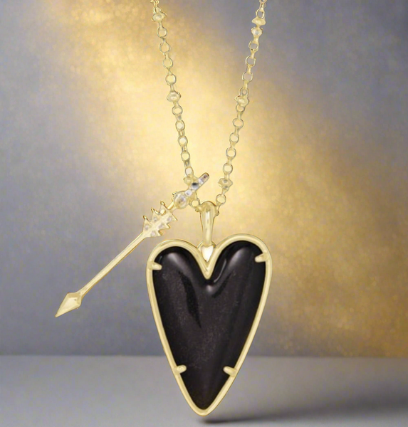 Kendra Scott Ansley Heart Gold Long Pendant Necklace In Black and Golden Obsidian