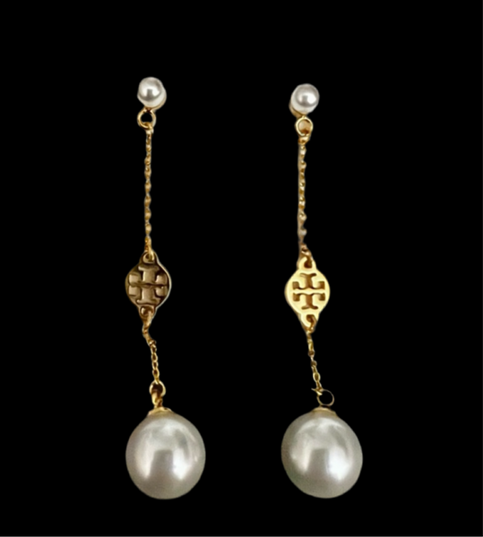 Tory Burch Delicate Pearl Logo Long Earrings