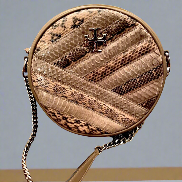 Tory Burch Kira Chevron Snakeskin Circle Bag in Neutral Shades of Caramel Corn