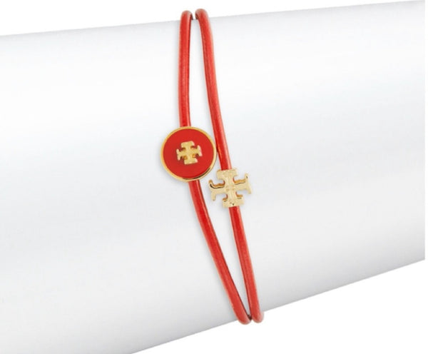 Tory Burch Kira 18K Gold Plated Leather & Enamel Logo Red Bracelet