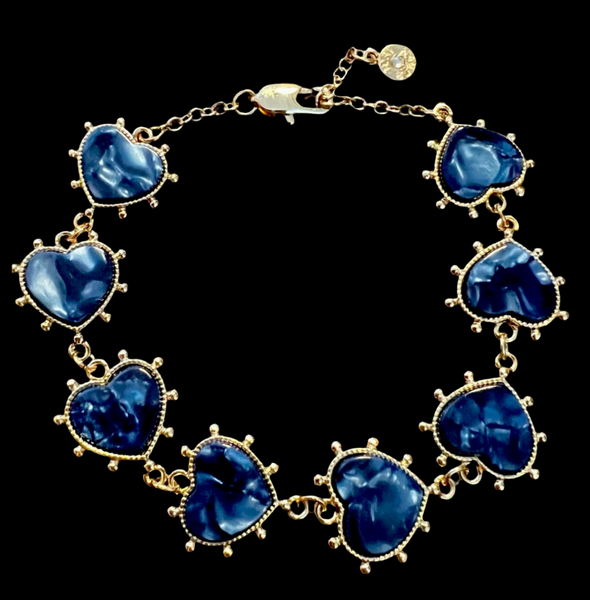 Tory Burch Gold Plated Brass and Blue Lapis Stone Heart Charm Bracelet