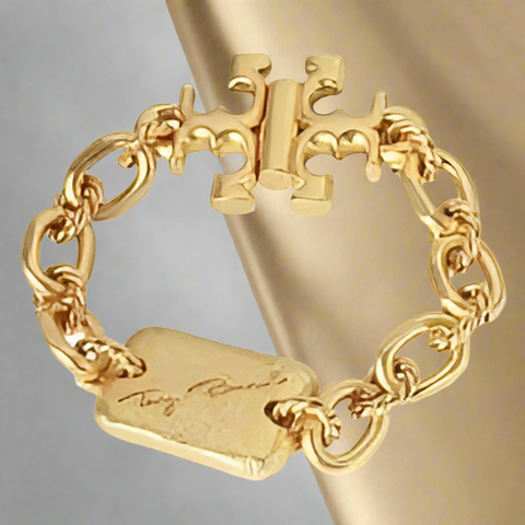 Tory Burch Torsade Engraved Logo Vintage Gold Bracelet