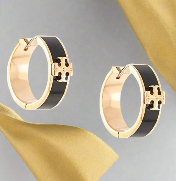 Tory Burch Kira Huggie Gold And Black Hoops Earrings