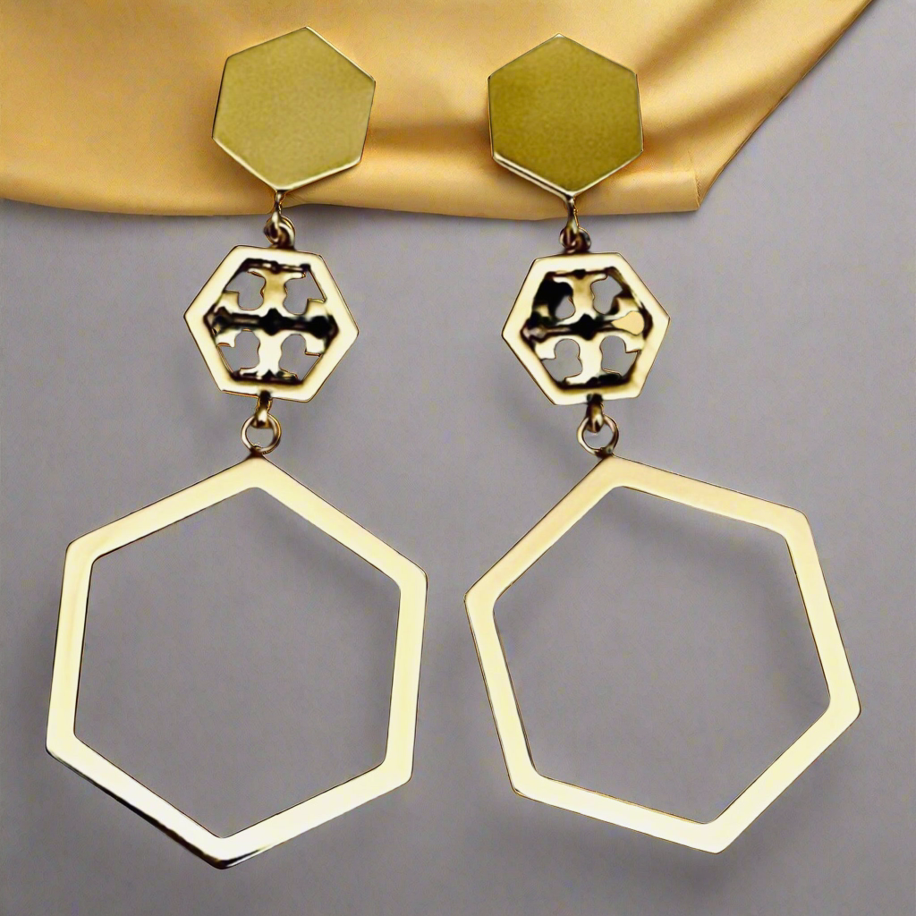 Tory Burch Geo Hexagon Logo Drop Shiny Gold Earrings