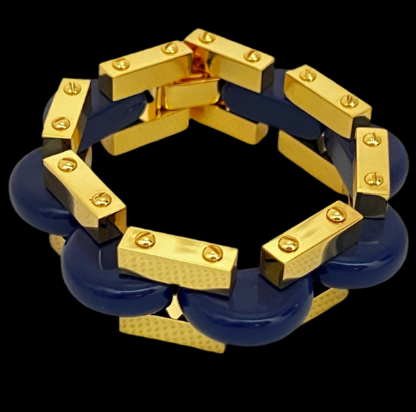 Tory Burch Chunky Polished Gold Chain Bracelet & Blue Enamel Inlays