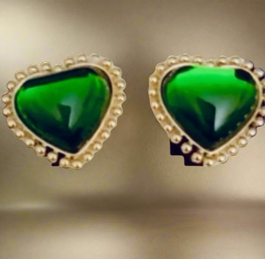 Tory Burch Gold And Green Heart with Mingrain Detailing Large Clip On Stud Earrings