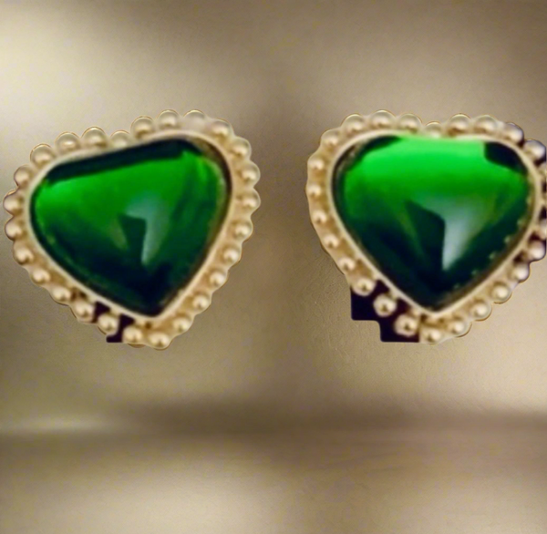 Tory Burch Gold And Green Heart with Mingrain Detailing Large Clip On Stud Earrings