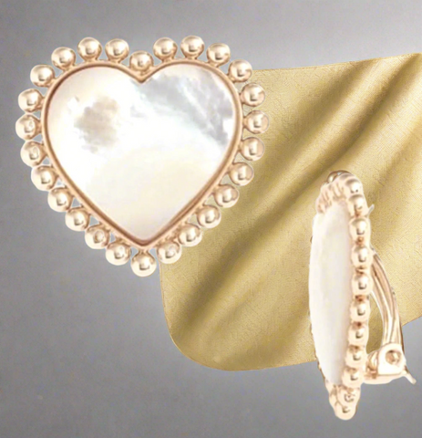 Tory Burch Gold And Mother Of Pearl Heart with Milgrain Detailing Large Clip On Stud Earrings