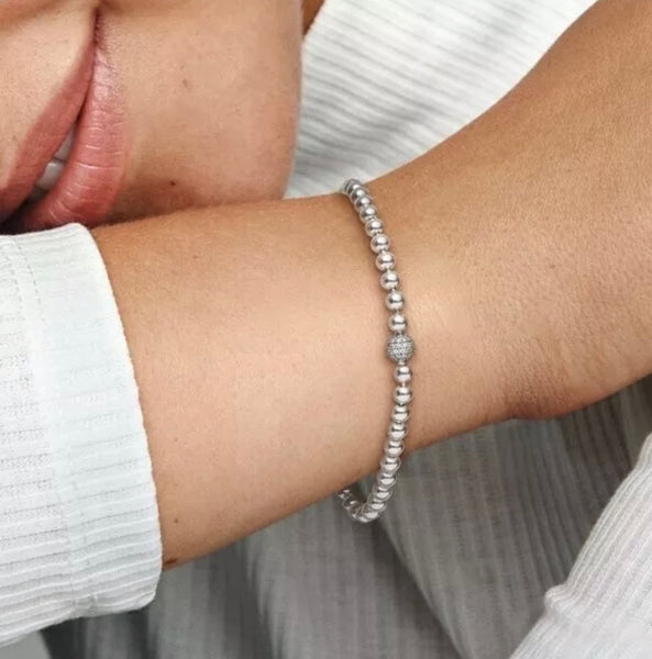 Pandora Sterling Silver Beads & Pave Bracelet With CZ Size 7.1”