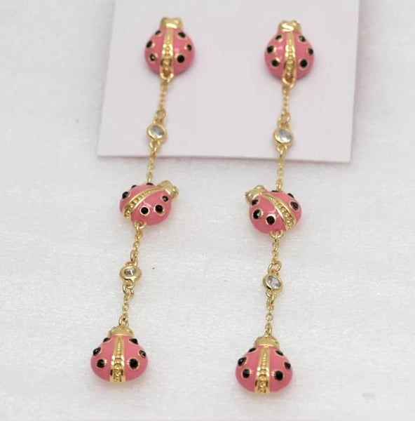 Kate Spade Long Gold Tone Pink Enamel Ladybugs Earrings Drop Dangle Hoop