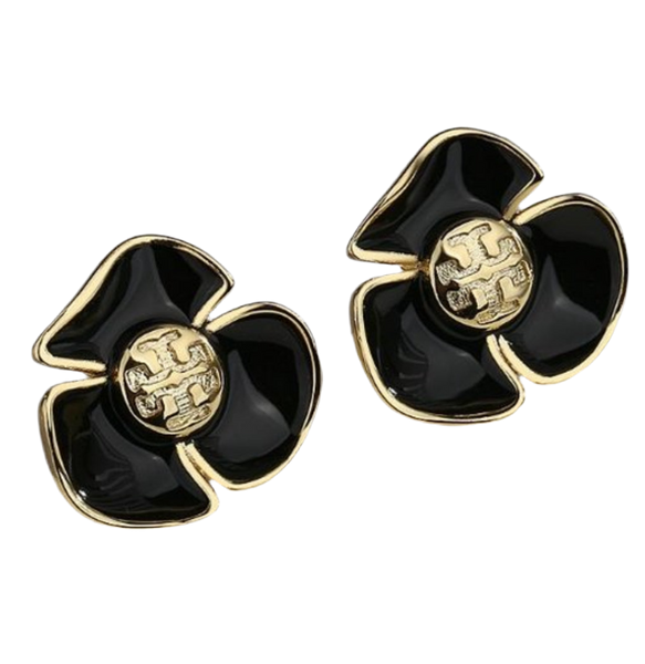 Tory Burch Black Gold Fleur Logo Stud Earrings