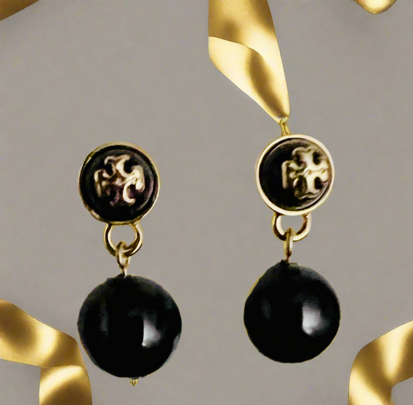 Tory Burch Black and Gold Saher Double-T Logos On Simulated Glass Pearls Drop Earrings