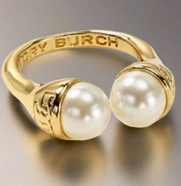 Tory Burch Gold Pearl Bud Logo Ring Size 7