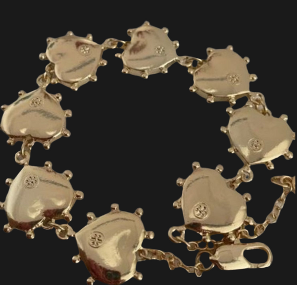 Tory Burch Gold Plated Brass and Semi Precious Tortoise Stone Adjustable Heart Charm Bracelet