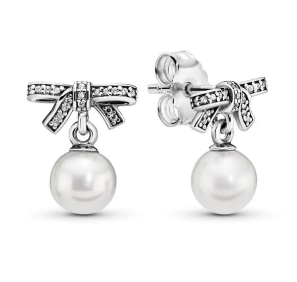 Pandora Silver Earrings Delicate Sentiments Pearl and Studded Rhinestones Silver Bow Earrings