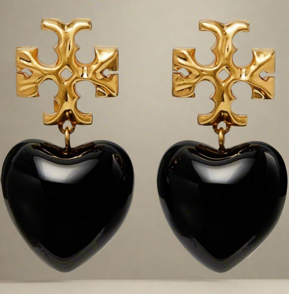 Tory Burch Roxanne Gold Tone And Resin Heart Drop Earrings In Black