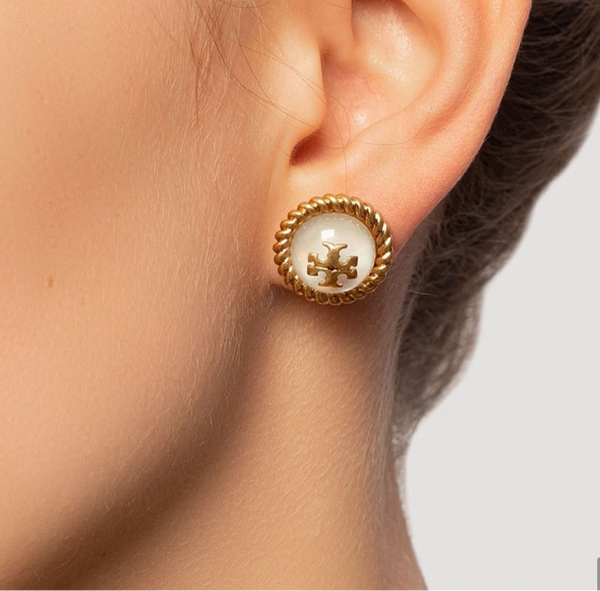 Tory Burch White Glass Cabochon Rope Gold Stud Earrings