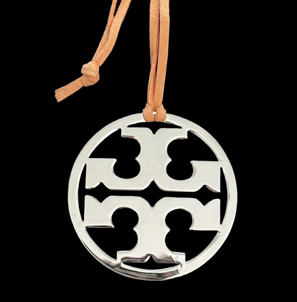 Tory Burch Silver & Coral Leather Logo With Coral Leather Necklace